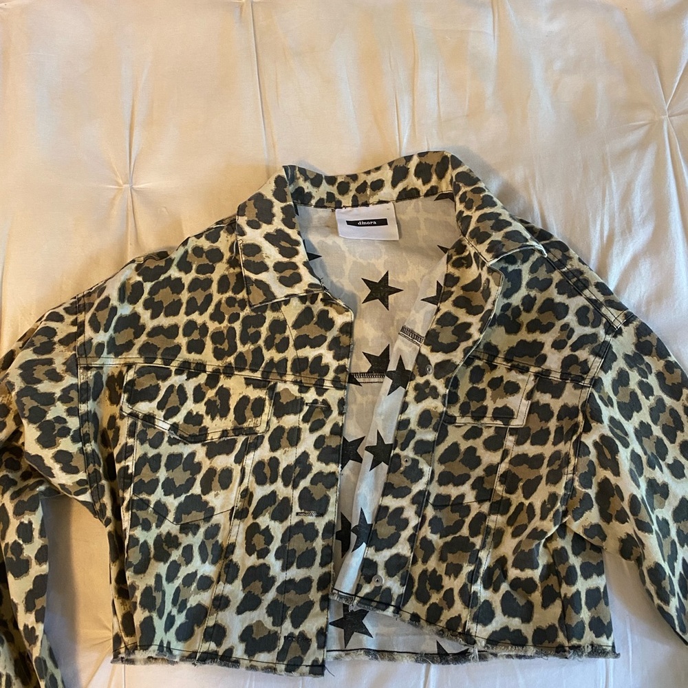 leopard cropped denim jacket
